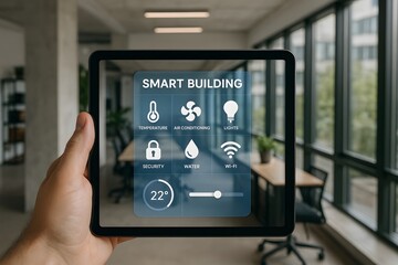 Smart building IoT sensor monitoring interface on tablet